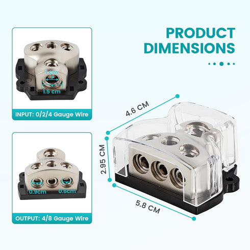 3 Way Power Distribution Block Zine-Alloy, 0/2/4 Gauge in 4/8 Gauge Out Auto Car Audio Distribution Connecting Block, 3 Way Ground Distribution Bl...