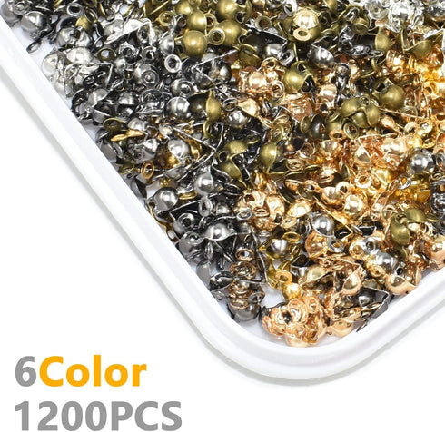 1200Pcs 6 Colors Bead Tips Knot Covers Clamshell Fold-Over Bead Tips Knot with 2 Close Big Enough Loops Cup 7 x 4mm for DIY Bracelets Necklaces Cr...