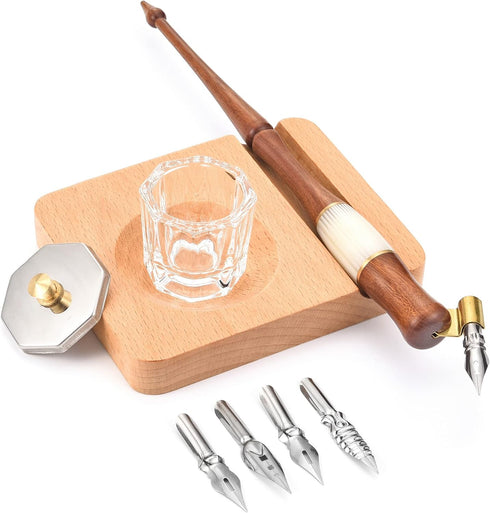 Yoption Wood Dip Pen Set, Calligraphy Oblique Nib Holder With Desktop Pen Holder, Ink Bottle Container and 5 Nibs Kit...