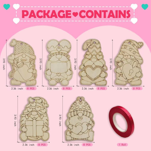48 Pieces Valentines Wooden Gnome Craft Kits Unfinished Wood Gnome Cutout Slices Ornament Blanks Hanging for Valentine's Day Dwarf DIY Craft Makin...