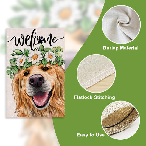 Welcome Spring Dog Golden Retriever Decorative Garden Flag, Puppy Yard Outside Decorations, Summer Farmhouse Outdoor Small Home Decor Double Sided...