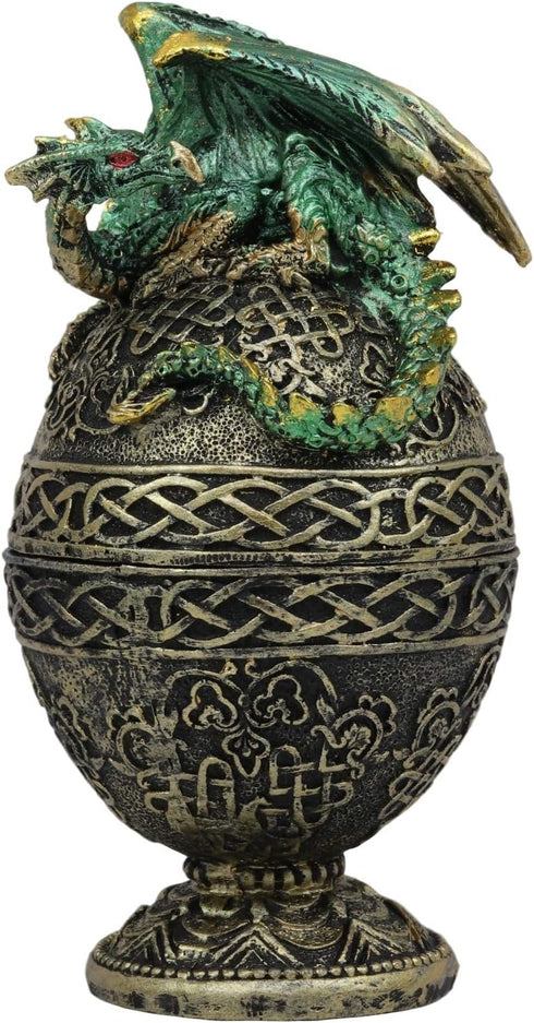 Ebros Gift Green Dragon Perching On Celtic Knotwork Tattoo Relic Golden Egg Decorative Jewelry Box Figurine 6.25" High Fantasy Myths Legends Dunge...