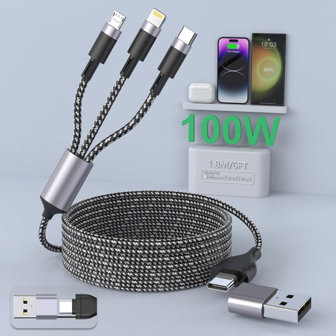 100W USB C to Multi Charging Cable6FT, 6A PD USB C Fast Charging Cable, 5 in 1 Braided Multi Charging Cable with IP/Type C/Micro USB Universal Syn...