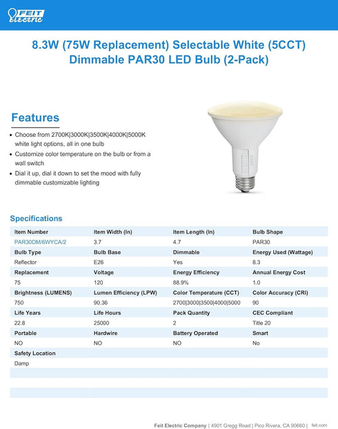 Feit Electric PAR30 LED Light Bulb, 75W Equivalent, Dimmable, Color Selectable 6-Way, E26 Medium Base, 90 CRI, 750 Lumens, Damp Rated Flood Light ...