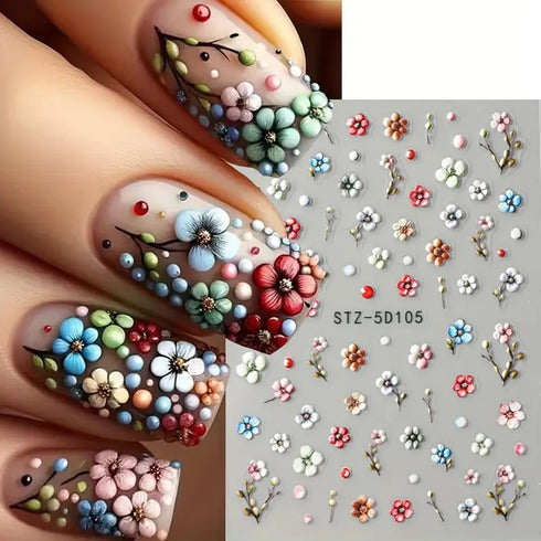 Flower Nail Art Stickers Summer Daisy Flower Nail Decals for Nail Art Decorations 4PCS Small Floral Five-petaled Design 5D Acrylic Engraved Nail S...
