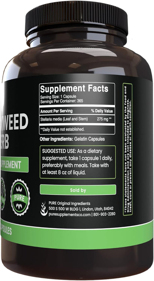 PURE ORIGINAL INGREDIENTS Chickweed Herb, (365 Capsules), No Magnesium Or Rice Fillers, Always Pure, Lab Verified...