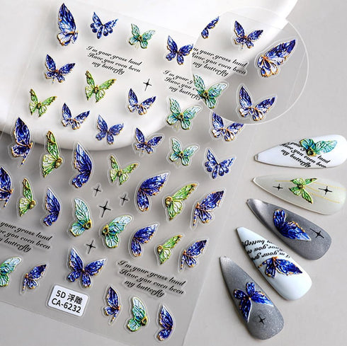 Butterfly Nail Art Stickers Decals 5D Embossed Butterfly Nail Decals Acrylic Engraved Design Nail Stickers Blue and Green Butterfly Self-Adhesive ...