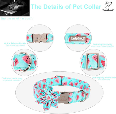 Dog Collar with Blue Watermelon Flower Tie,Cotton Dog Collar with Safety Metal Buckle Adjustable Puppy Collars for Small Medium Large Boy&Girl Dog...