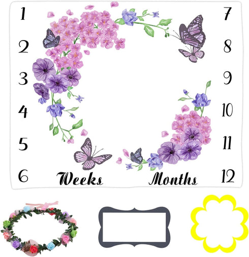 Baby Age Blanket Purple Floral Butterfly Baby Monthly Milestone Blanket Newborn Photo Baby Memory Blanket for Girls 48x40 Inch Baby Growth Chart S...