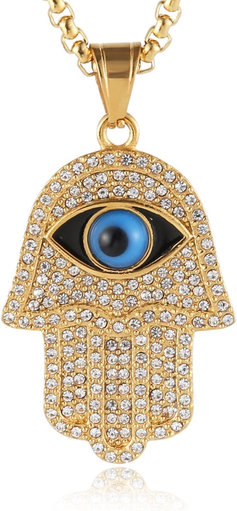 HZMAN 18k Gold Plated Iced Out CZ Stainless Steel Blue Evil Eye Beads Fatima Hamsa Hand Pendant Necklace...