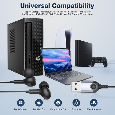 USB Headphones with Microphone for PC USB A Earbuds for PS5 Computer 2.3M Cord Magnetic in-Ear Headset Audio Control Mute Function for Laptop Desk...