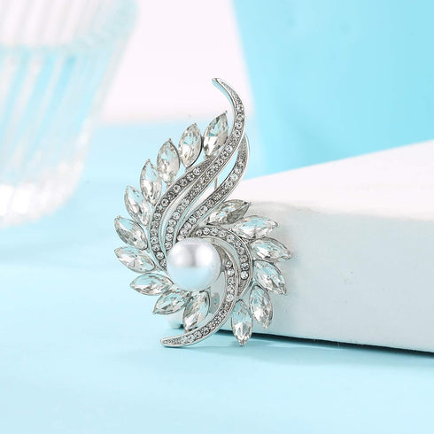 Party Holiday Wedding Brooch for Women and 925 Sterling Silver Earrings with Glitter Pearl Rhinestone Jewelry Set for Women...