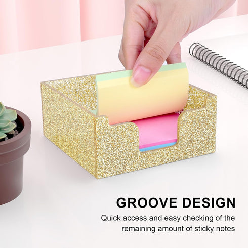 Acrylic Sticky Note Holder, Self Stick Note Pad Holder, 3.94 x 3.94 Inch Glitter Sticky Note Dispenser, Memo Pad Holder Dispenser Organizer for Sc...