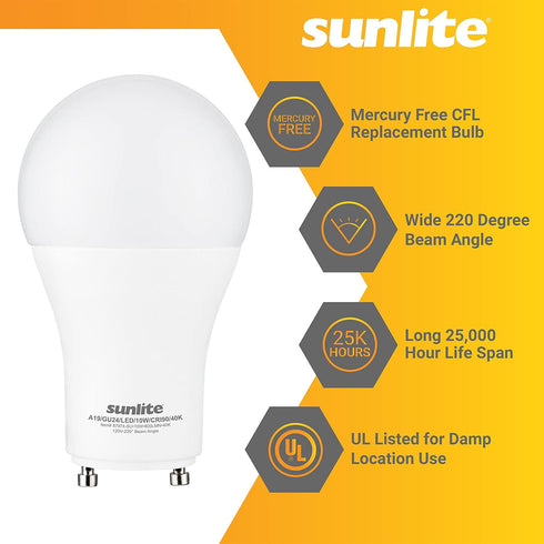 Sunlite A19 GU24 Dimmable Light Bulb, 9 Watts (60WEquivalent) 800 Lumens, 2 Prong LED Twist and Lock Base, 90 CRI, ETL Rated for Enclosed Fixtures...