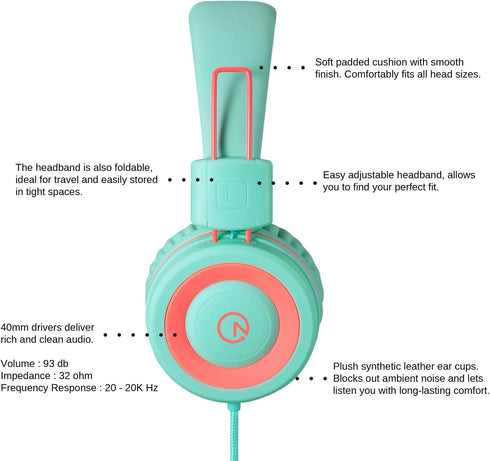 noot products Kids Headphones K11 Foldable Stereo Tangle-Free 5ft Long Cord 3.5mm Jack Plug in Wired On-Ear Headset for iPad/GiveAbay Kindle,Fire/Bo...