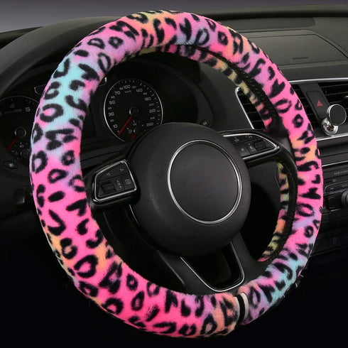 Fluffy Steering Wheel Cover for Women,Girly,Fuzzy Steering Decor,Plush, Leopard Print,Sweat-Absorb,Universal 15 Inch,Red (Fluffy-Leo)...