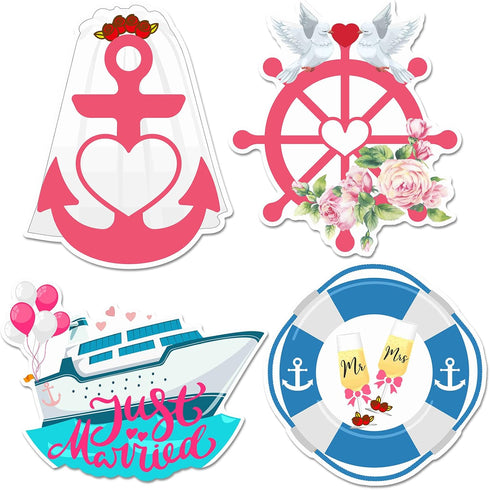 4 Pcs Wedding Cruise Door Decorations Just Married Cruise Magnets Magnetic Wedding Honeymoon Cruise Door Stickers Anchor Life Preserver Magnet Car...