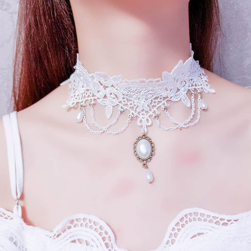 Vintage Lace Choker Necklace White Gothic Lace Pattern Necklace Punk Tassel Pearl Beaded Pendant Choker Princess Bridal Lace Lolita Tassel Lace Ne...