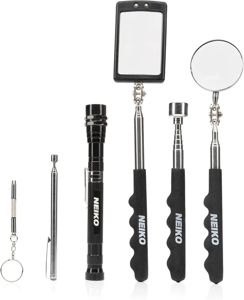NEIKO 20736A (6) Piece Set, Magnetic Tool & Telescoping Mirror Set, Adjustable Telescoping Magnetic Pickup Tool, Flashlight 15lb Retriever Tool, 3...
