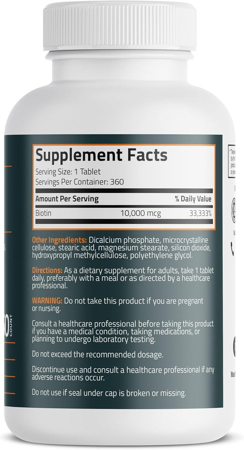 Bronson Biotin 10,000 MCG Supports Healthy Hair, Skin & Nails & Energy Production - High Potency Beauty Support - Non-GMO, 360 Vegetarian Tablets...