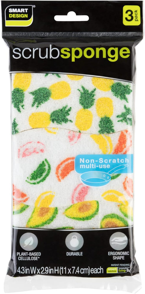 Smart Design Non-Scratch Cellulose Smart Scrub Sponge - Set of 3 - Ultra Absorbent - Ergonomic Shape - Cleaning, Dishes, & Hard Stains - Fruit Pat...