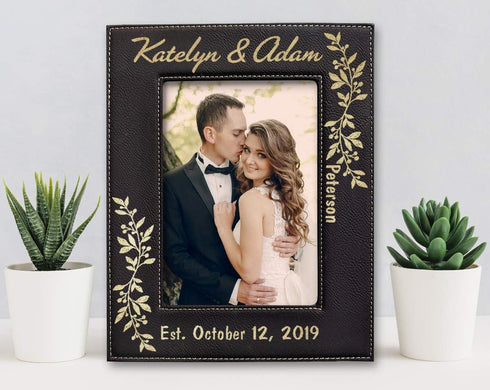Personalized Newlywed Couples 7x5 Leather Picture Frame Engraved Women Mens Wedding Anniversary Husband Wife...