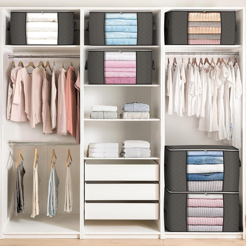 90 L Large Storage Bags, 6 Pack Clothes Storage Bins Foldable Closet Organizers Storage Containers with Reinforced Handle for Clothing, Blanket, C...