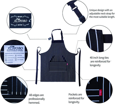 Kitchen Cooking Apron for Women and Men, Adjustable Chef Bib Apron with Pockets - 32" x 28" - Black/White Pinstripe- 1 Pcs...
