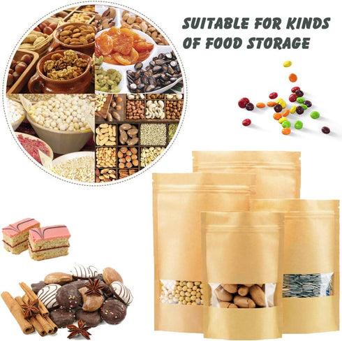 100 Pcs Resealable Stand Up kraft Paper Bags with Window for Packaging Products, Reusable Zip Lock Food Storage Pouch Bags (3.5" x 5.5")...