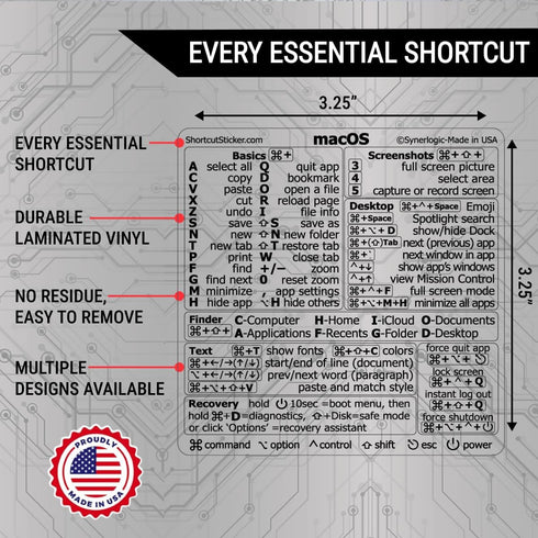 Synerlogic (5pcs) Mac OS Shortcuts Sticker | Keyboard Stickers for macOS | No-Residue Laminated Vinyl MacBook Cheatsheet for Laptop | MacBook Shor...