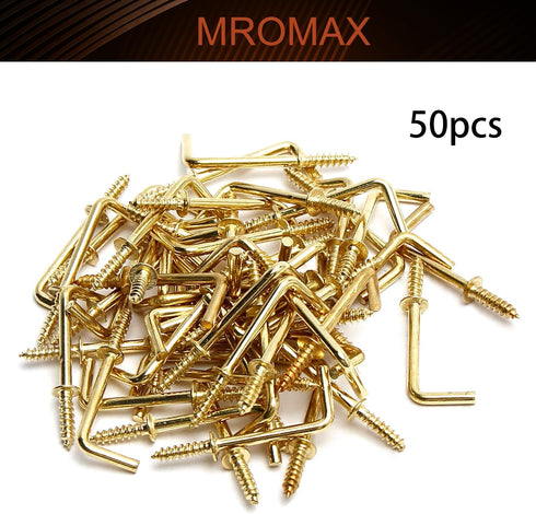 MroMax 1" 50Pcs Gold Screw in Hooks L Shape Hooks Carbon Steel 1 Shape Right Angle Hooks Brass Plated 7 Shape Screw Hooks Self-Tapping Screw Hook ...