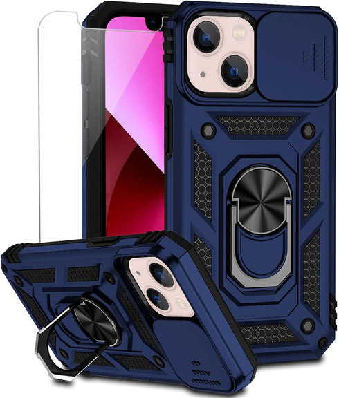 for iPhone 13 Mini Case with Camera Lens Cover HD Screen Protector, Dual Layer Military Grade Drop Protection Magnetic Ring Holder Kickstand Prote...