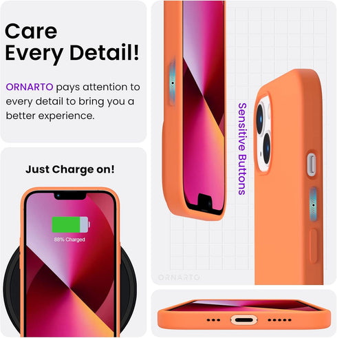ORNARTO Compatible with iPhone 13 Case 6.1, Slim Liquid Silicone 3 Layers Full Covered Soft Gel Rubber Case Cover 6.1 inch-Orange...