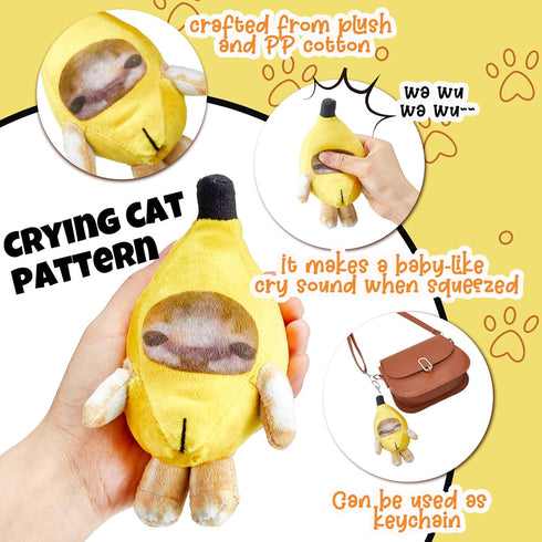 Shappy 2 Pieces Sound Making Banana Cat Keychain 6.5 x 3.9 x 3 Inch Happy Funny Crying Banana Cat Plush Keychain Soft Cat Stuffed Animal Christmas...