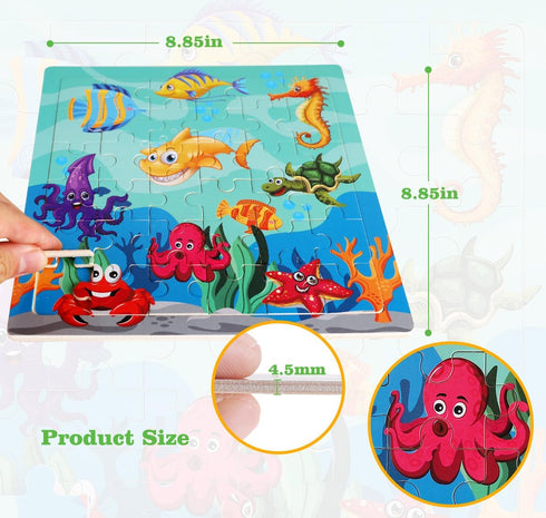 Wooden Puzzles Toys for Kids Ages 3-5, Set of 3 Packs with 36-Piece Wood Jigsaw Puzzles, Dinosaur, Farm and Ocean Theme. Ideal Gifts for Boys and ...