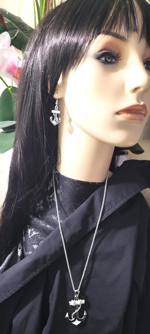 Silvertone Nautical Anchor Pendant Necklace and Earring Set 24" Chain...