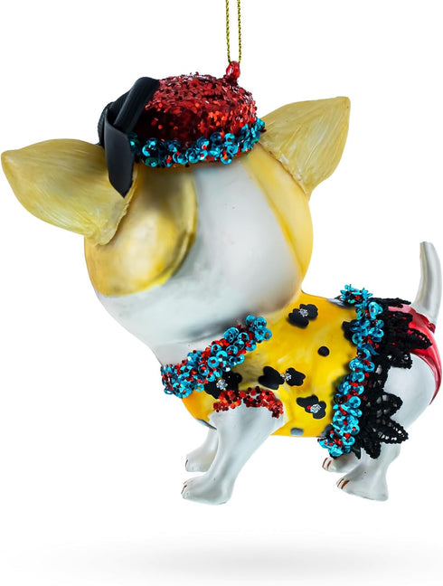 Chic Chihuahua Blown Glass Christmas Ornament...