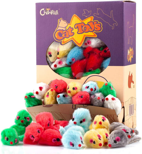 CHIWAVA 60PCS 4.1'' Furry Cat Toy Mice Rattle Small Mouse Kitten Interactive Play Assorted Color...