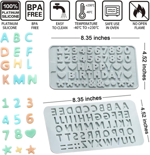 Verdental Silicone Letter Molds and Number Candy Molds Set of 2 Chocolate Molds Non-stick Gummy Molds Happy Birthday Cake Decorations Ice Molds (B...
