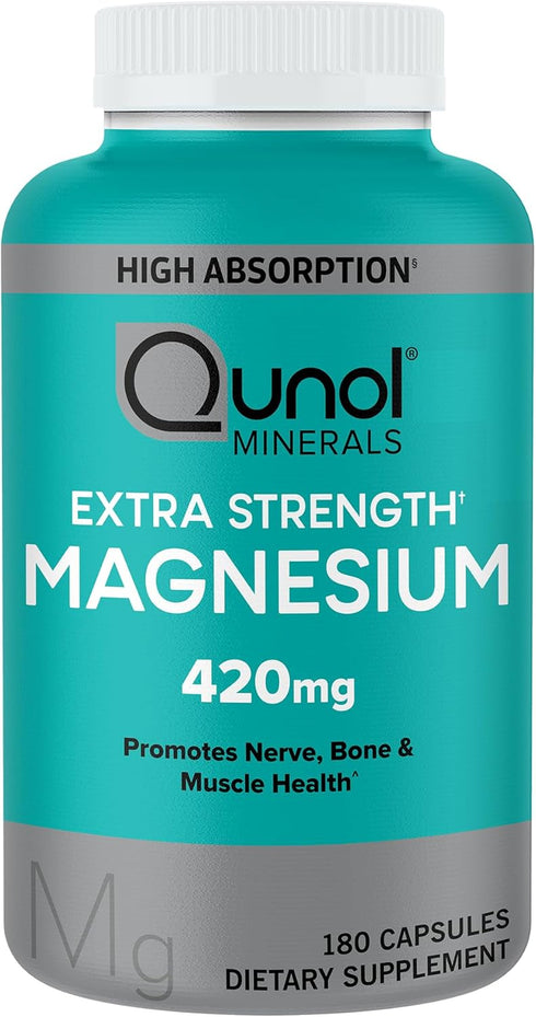 Qunol Magnesium Capsules 420mg, 100% DV, High Absorption Magnesium Supplement, Extra Strength, Bone and Muscle Health Supplement, 180 Count...