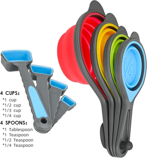 Collapsible Measuring Cups and Spoons Set, Silicone Kitchen Dry Measuring Set, Cute Camping Measure Cups...