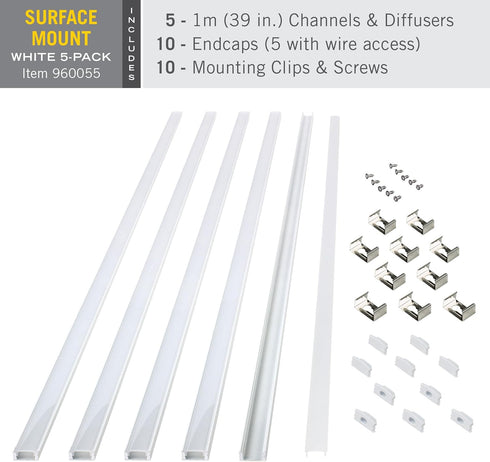 Armacost Lighting Surface Mount LED Tape Light Mounting Channel 5-Pack - White, 960055...