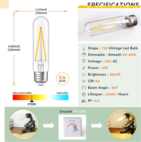 Dimmable Tubular Led Bulb E26 led Light Bulb,T10 T30 Vintage LED Bulbs, 40 watt Equal 4W, 2700K Warm White light Edison Lights Bulbs, AC120V, 400l...