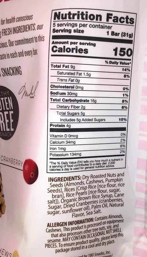 180 Snacks Fruit Nut & Seed Crunch Bar 1 Pack, 5 Snack Bars (Cranberry)...