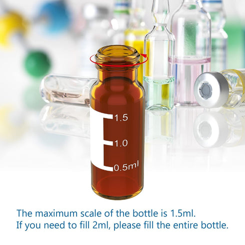 FOUR E'S SCIENTIFIC 2ml Autosampler Vials 100 Pack - HPLC Vial | 9-425 Amber Vial with Blue Screw Caps | Writing Patch | Graduation | White PTFE &...