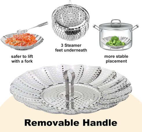 3-Piece Steamer Basket Set: Stainless Steel Adjustable Folding Veggie and Seafood Steamer, Expandable to Fit Various Pot Sizes: 5.5" to 8.3", 6.3"...