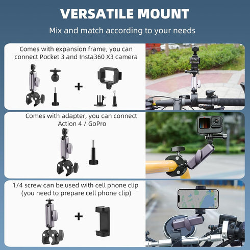 Pocket 3 Camera Bike Mount Clamp Motorcycle Handle Holder Aluminum for Insta360 X4 X3 X2 Ace Pro Go 3S, for DJI Osmo Pocket 3 2 Mobile 6 4 Action ...