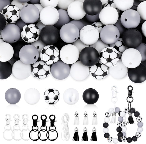 JarThenaAMCS Soccer Silicone Beads for Keychain Making Kit with 114Pcs 15mm Black White Gray DIY Silicone Beads Tassels Key Rings for Home Office ...