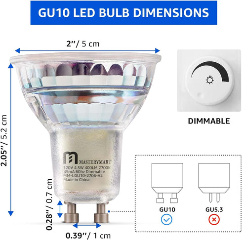 MASTERY MART LED GU10 LED Light Bulbs, 50 Watt Halogen Equivalent, 4.5W Dimmable, MR16 Spot G10 LED Flood Light Bulbs Replacement for Recessed Tra...