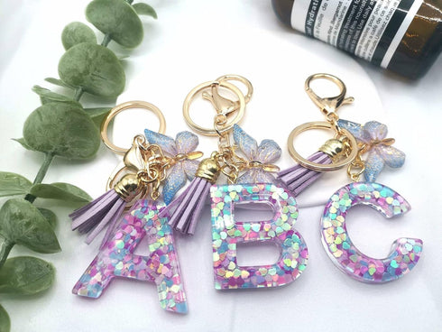 Purple-Blue Pink Green Resin Alphabet Initial Letter Keychain Tassel Butterfly Key Ring for Purse Handbag Car Keys...